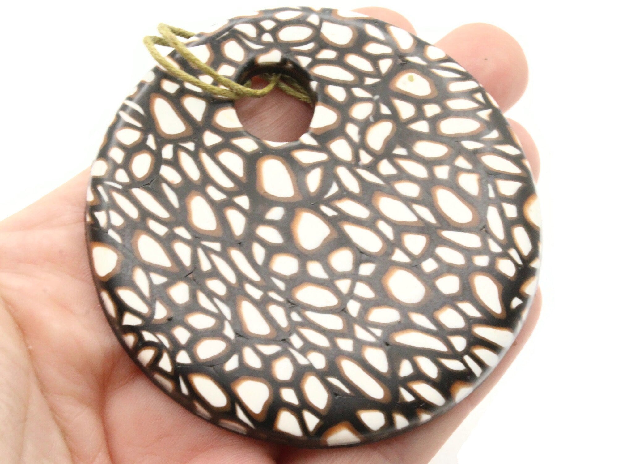 68mm Browns White and Black Polymer Clay Flat Circle Gogo Pendant